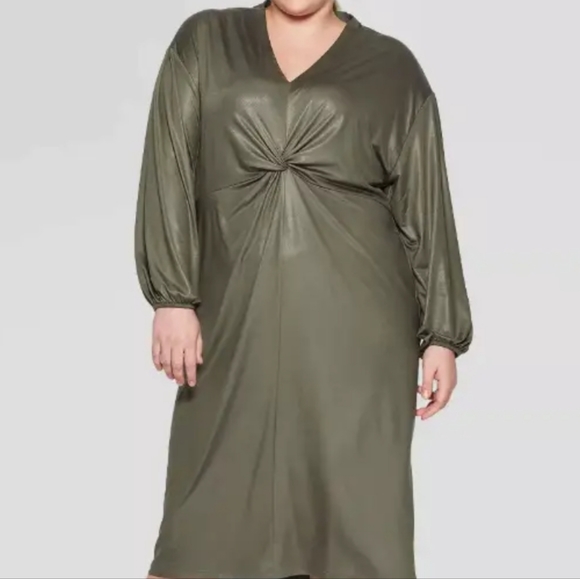 Prologue twist-front stretchy shiny dress olive green sz S - Picture 2 of 8